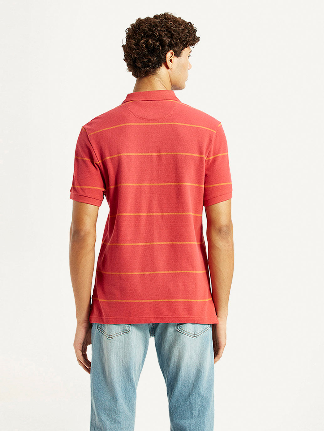 Men's Striped Red Slim Fit Polo T-shirt - Back View