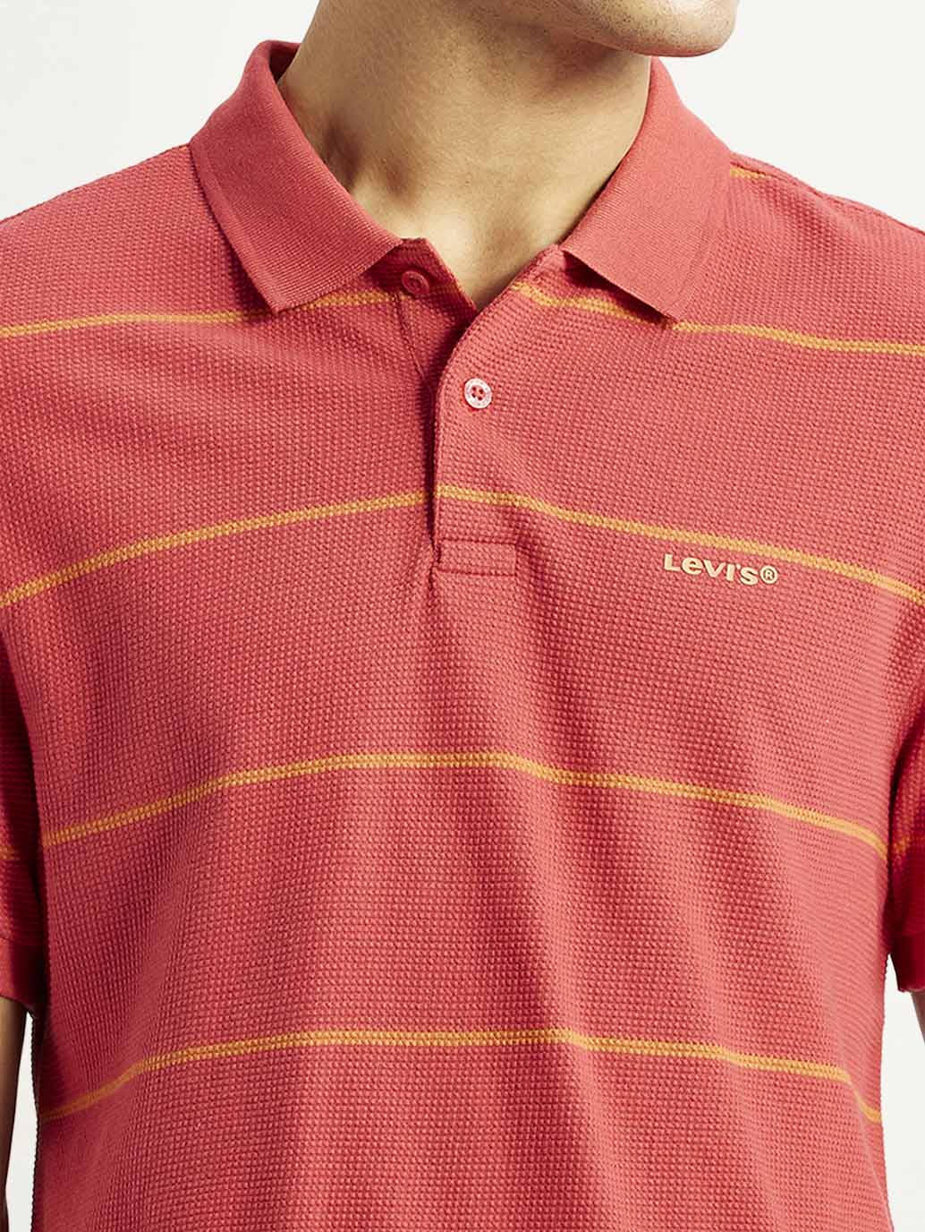Men's Striped Red Slim Fit Polo T-shirt - Detail View