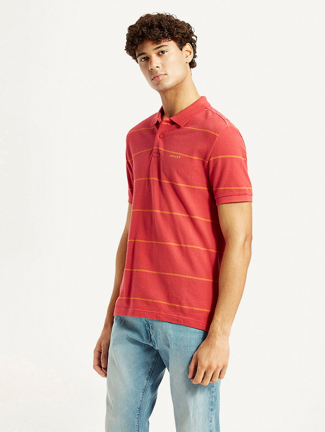 Men's Striped Red Slim Fit Polo T-shirt - Side View