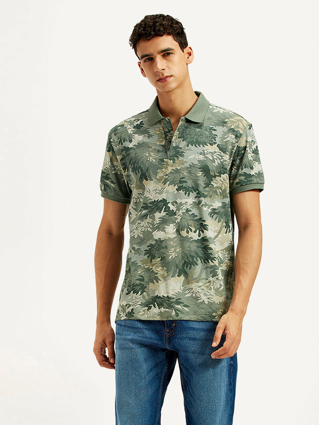 Men's Green Printed Slim Fit Polo T-Shirt - Styleshot View