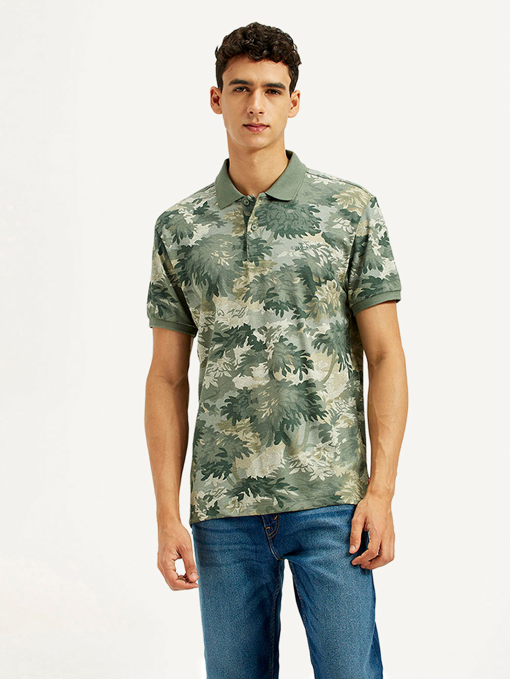Men's Green Printed Slim Fit Polo T-Shirt - Front View