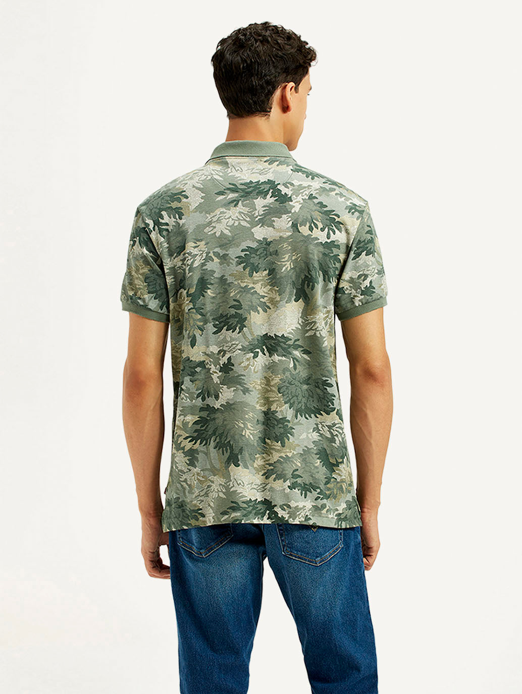 Men's Green Printed Slim Fit Polo T-Shirt - Back View