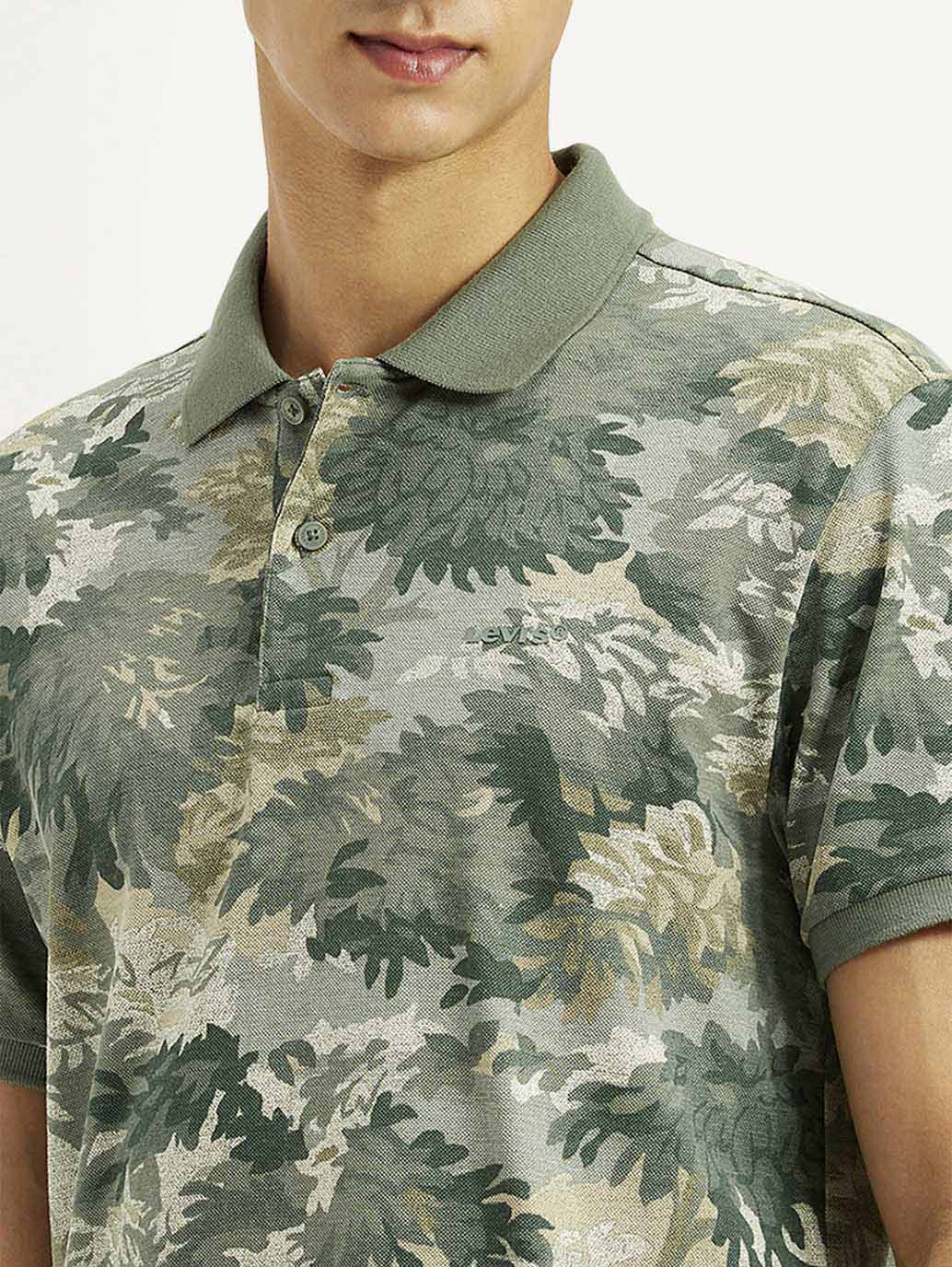 Men's Green Printed Slim Fit Polo T-Shirt - Detail View