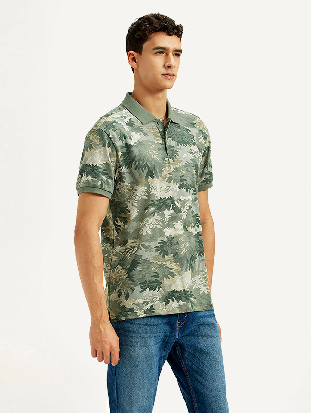Men's Green Printed Slim Fit Polo T-Shirt - Side View