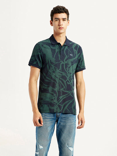 Men's Abstract Dark Green Slim Fit Polo T-shirt