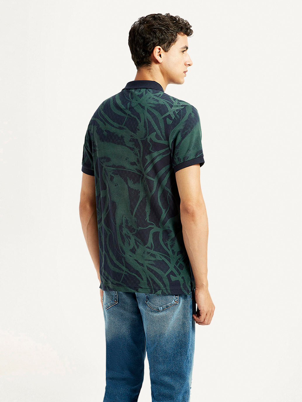 Men's Abstract Dark Green Slim Fit Polo T-shirt - Back View