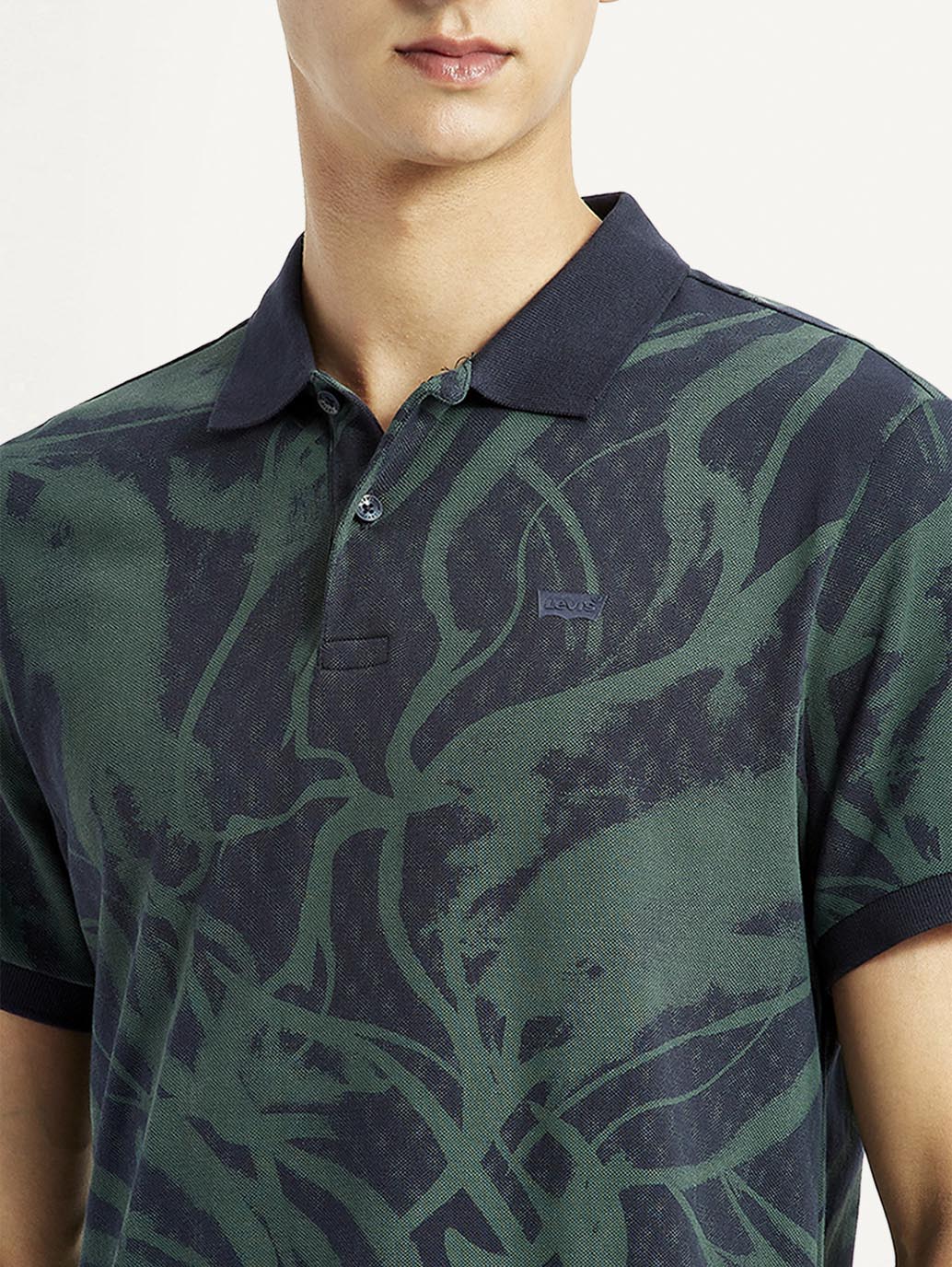 Men's Abstract Dark Green Slim Fit Polo T-shirt - Detail View