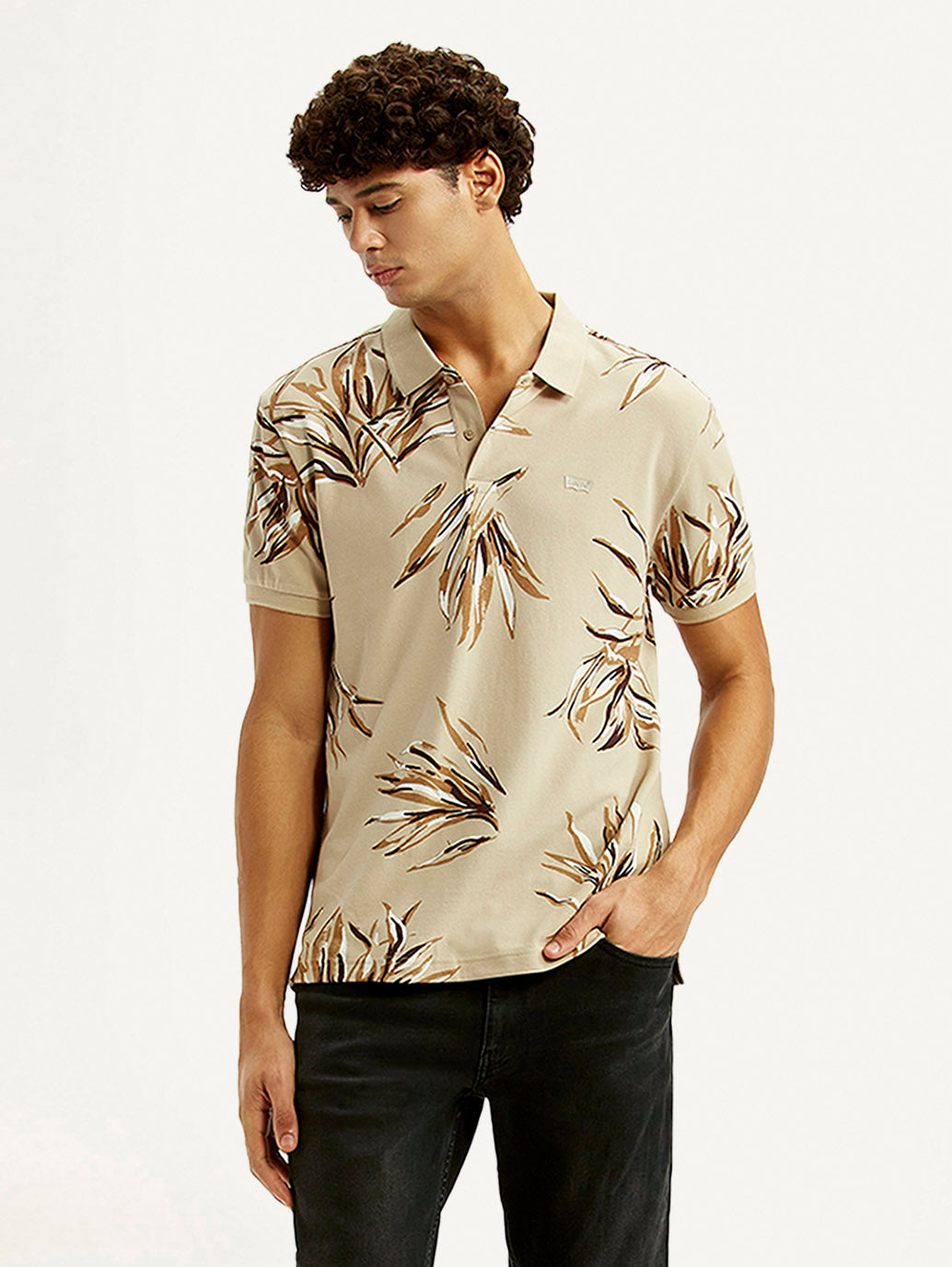 Men's Printed Beige Slim Fit Polo T-shirt - Styleshot View