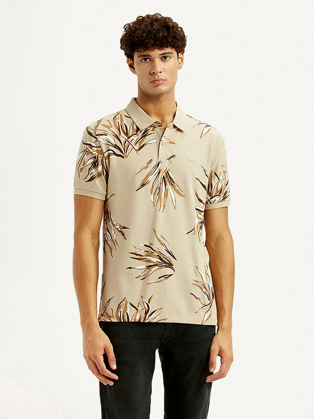 Men's Printed Beige Slim Fit Polo T-shirt - Front View