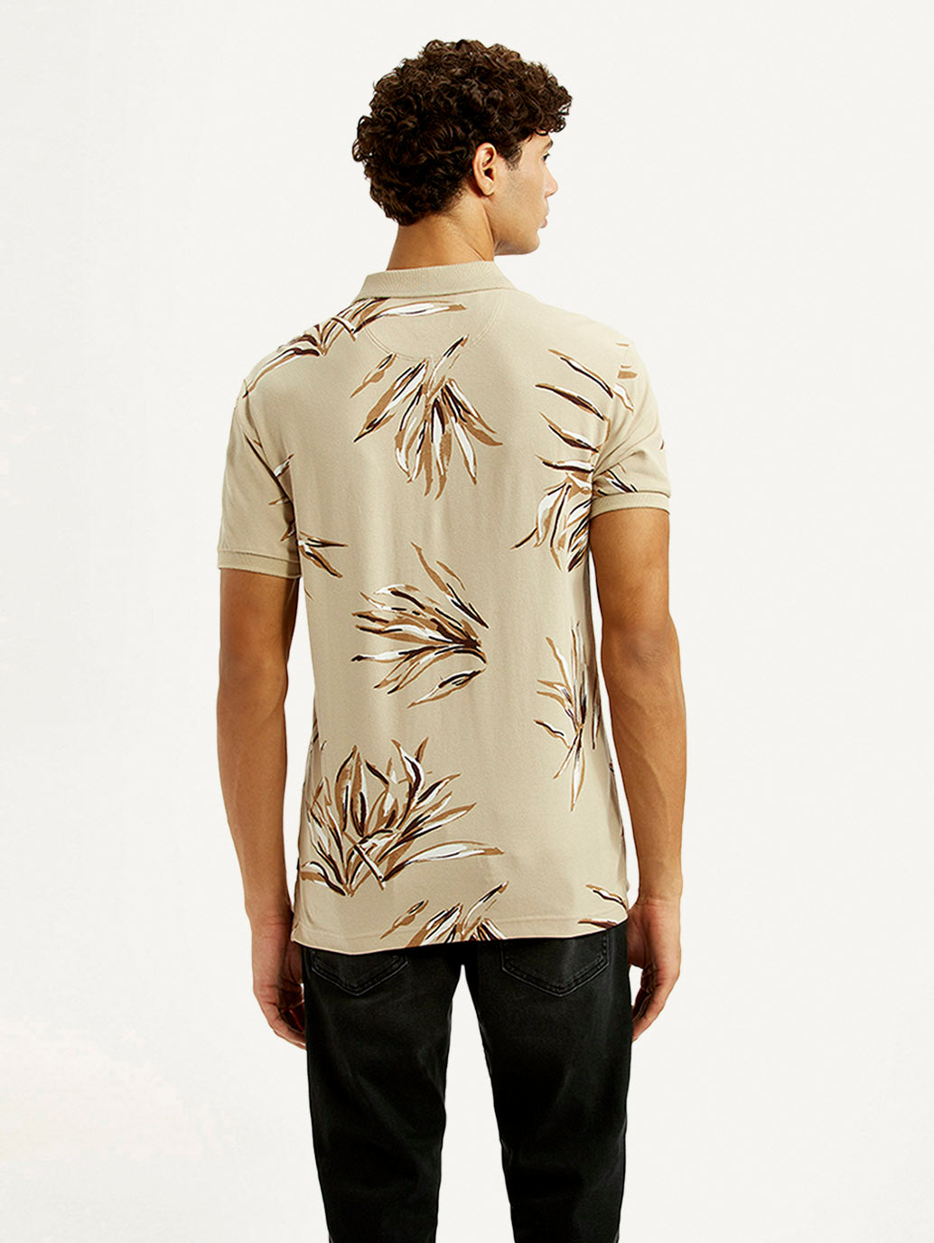 Men's Printed Beige Slim Fit Polo T-shirt - Back View