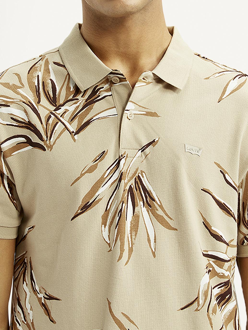 Men's Printed Beige Slim Fit Polo T-shirt - Detail View