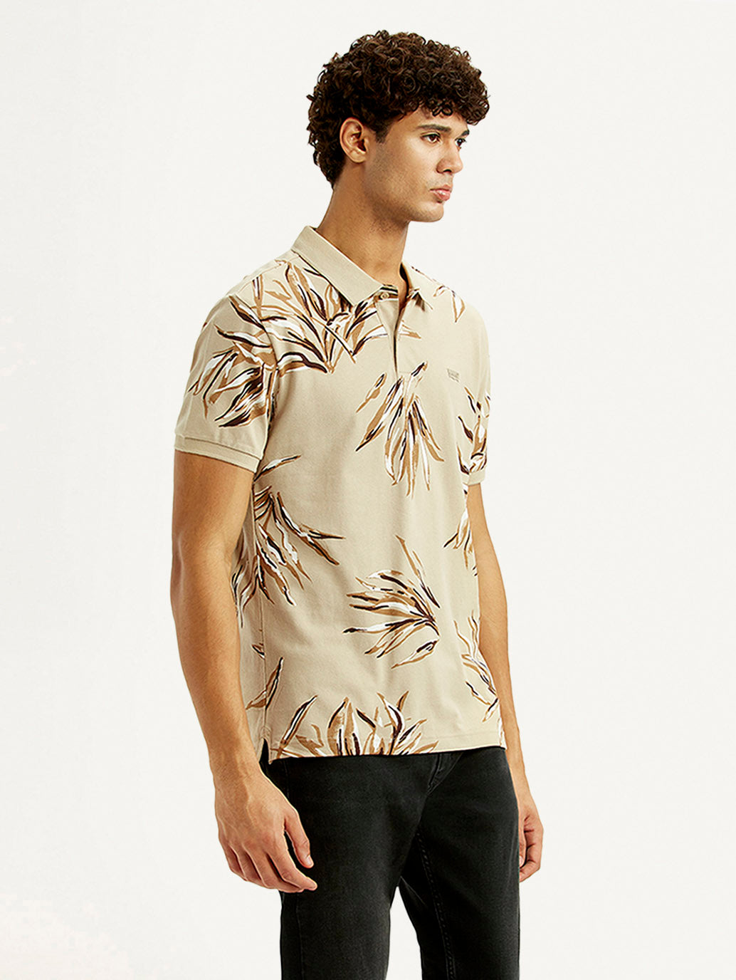 Men's Printed Beige Slim Fit Polo T-shirt - Side View
