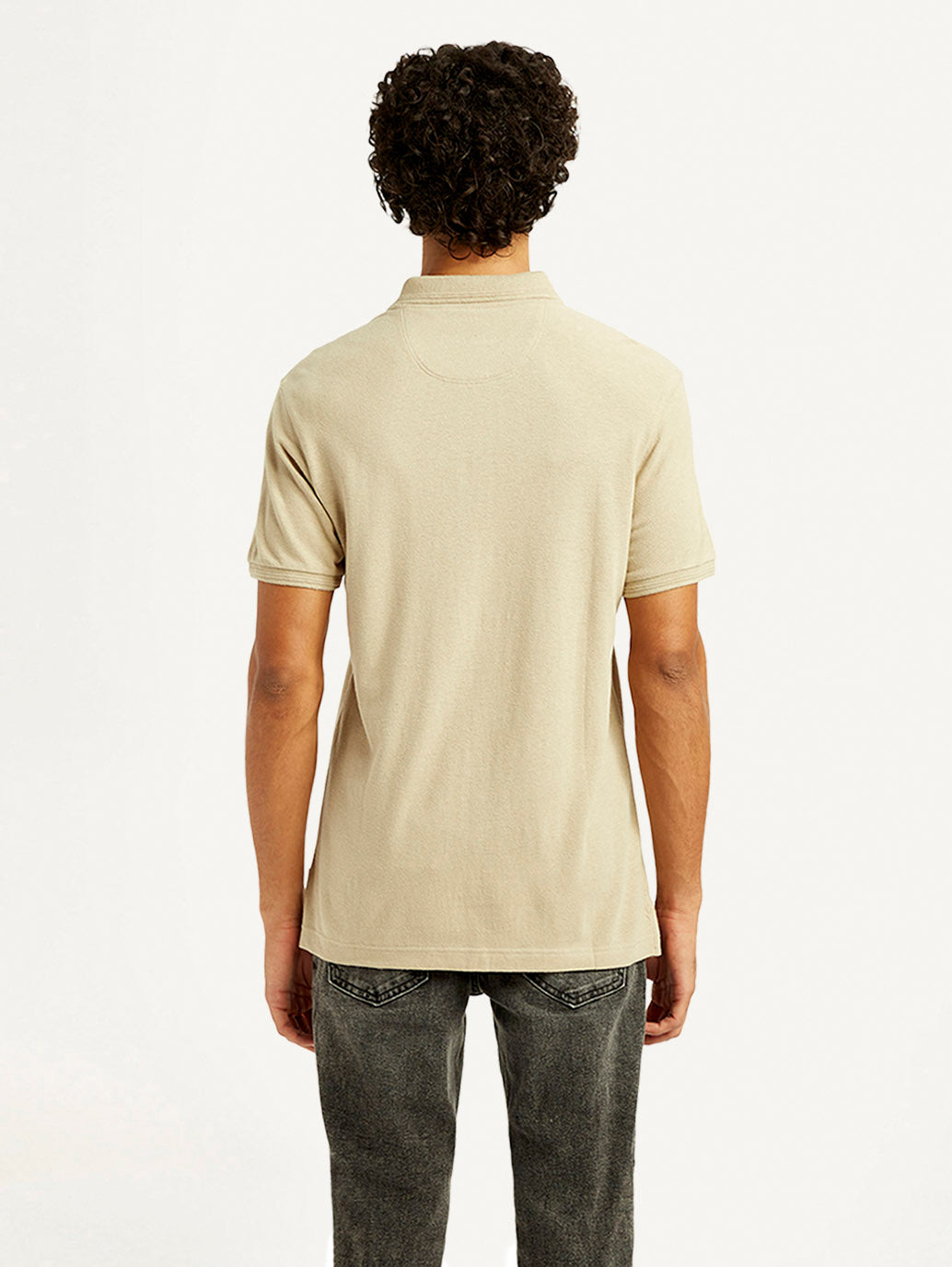Men's Solid Slim Fit Polo Linen T-Shirt - Back View