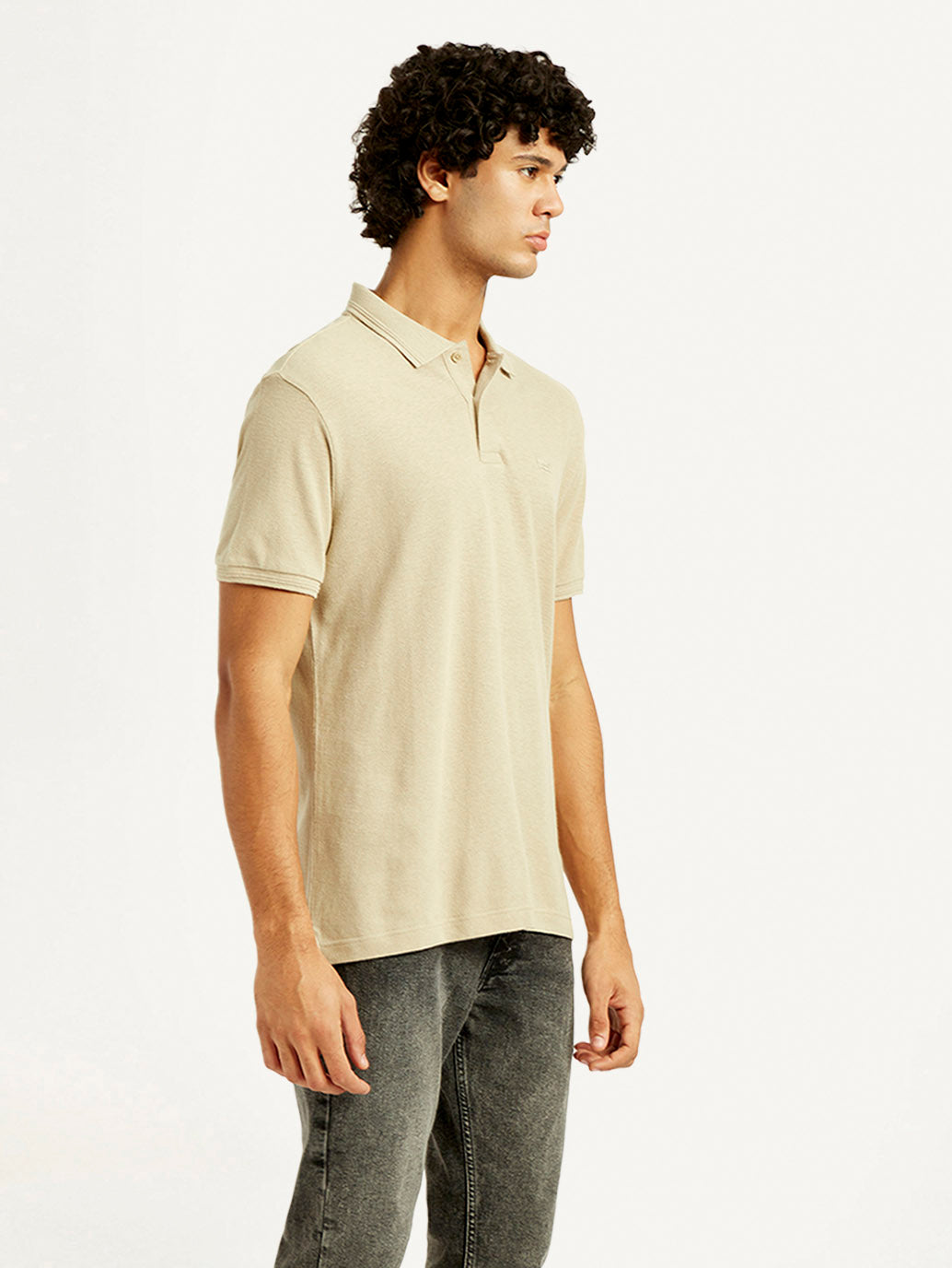 Men's Solid Slim Fit Polo Linen T-Shirt - Side View