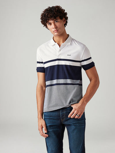 Men's Striped White Slim Fit Textured Polo T-shirt-image-10
