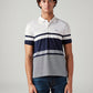 Men's Striped White Slim Fit Textured Polo T-shirt - Front View