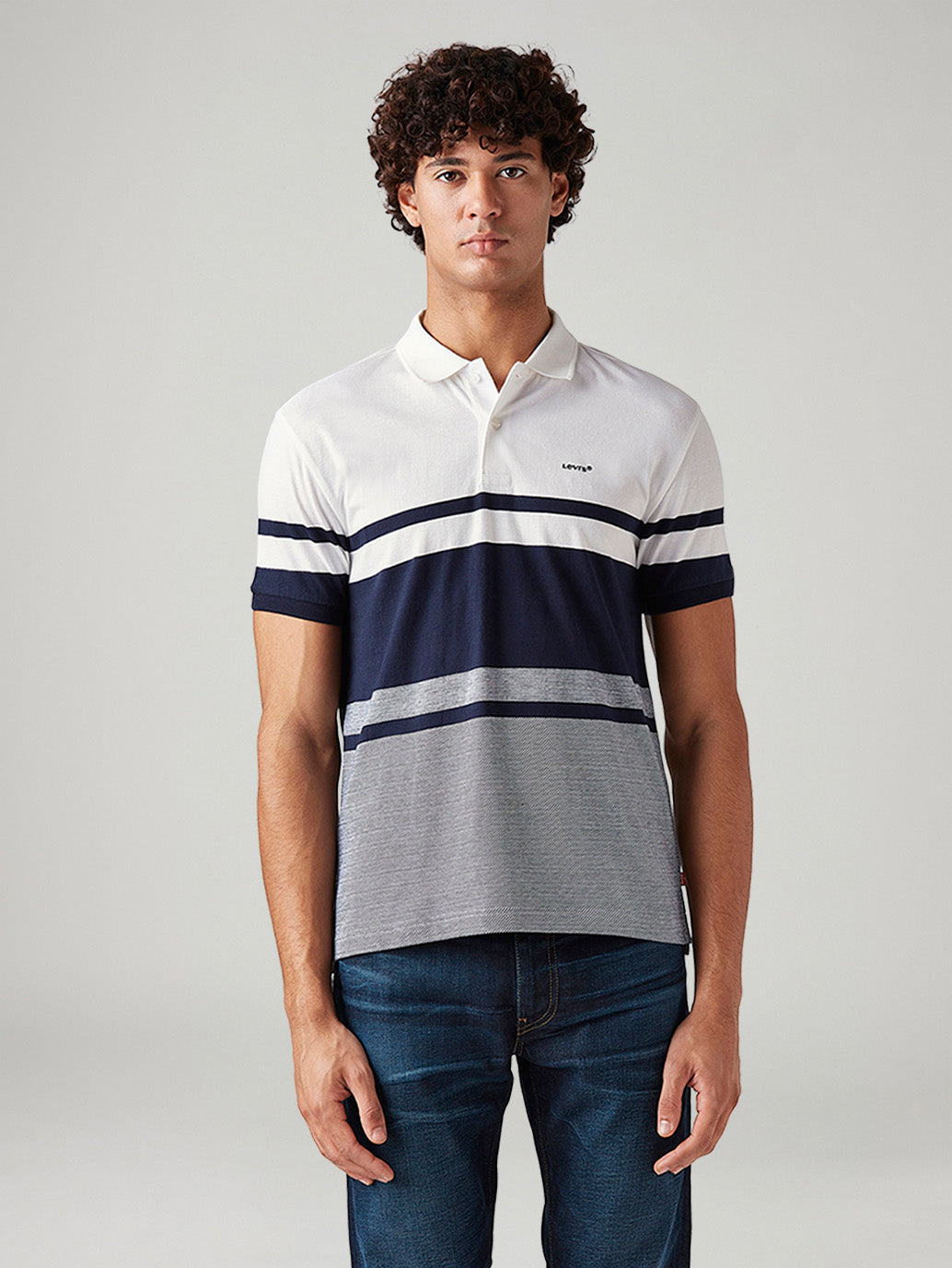 Men's Striped White Slim Fit Textured Polo T-shirt - Front View