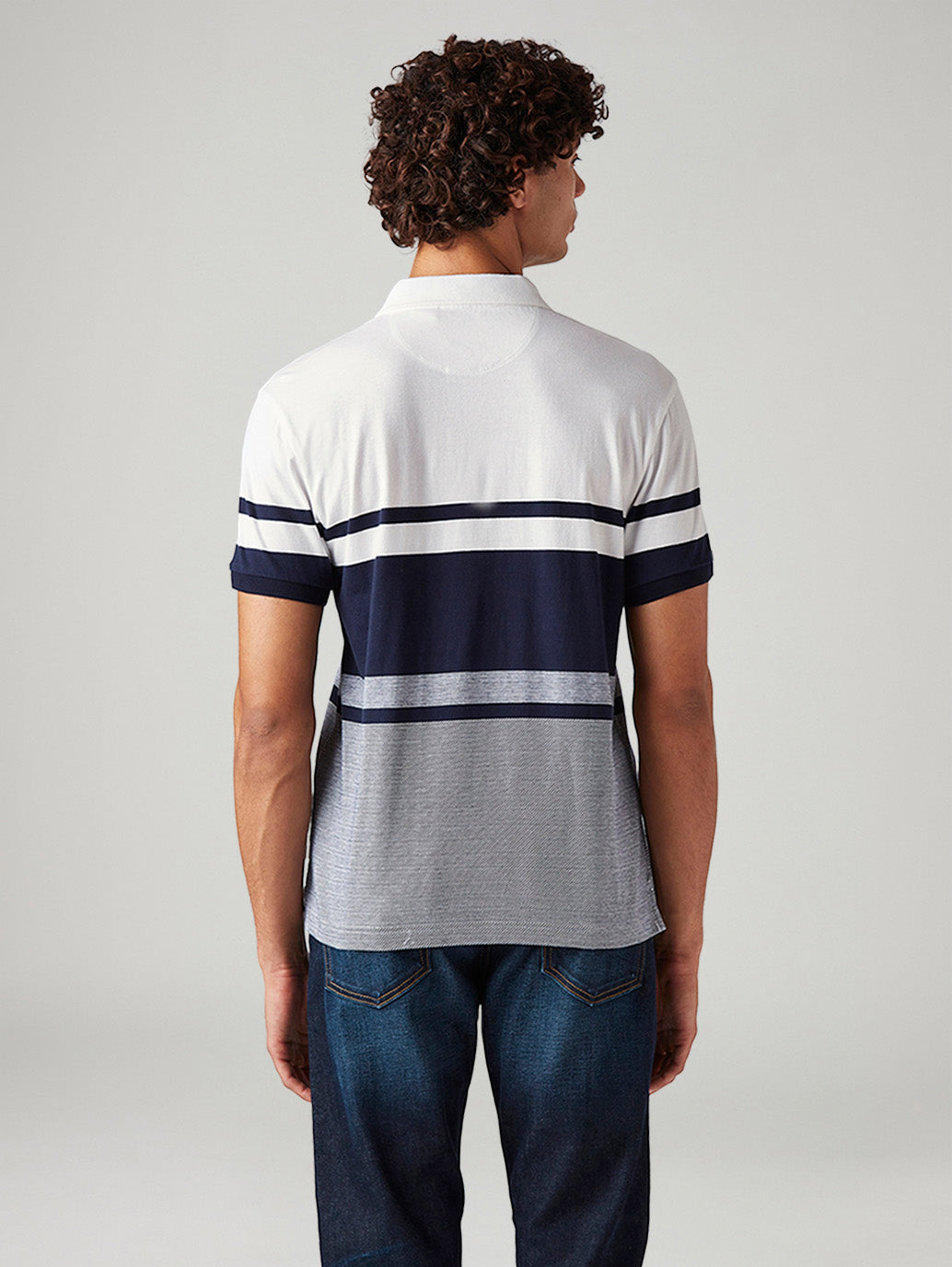 Men's Striped White Slim Fit Textured Polo T-shirt - Back View