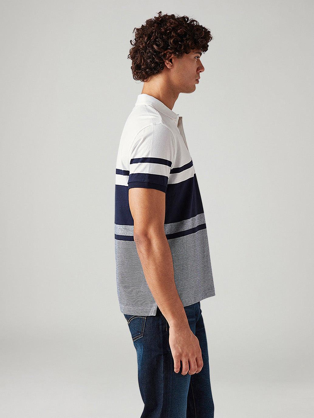 Men's Striped White Slim Fit Textured Polo T-shirt - Side View
