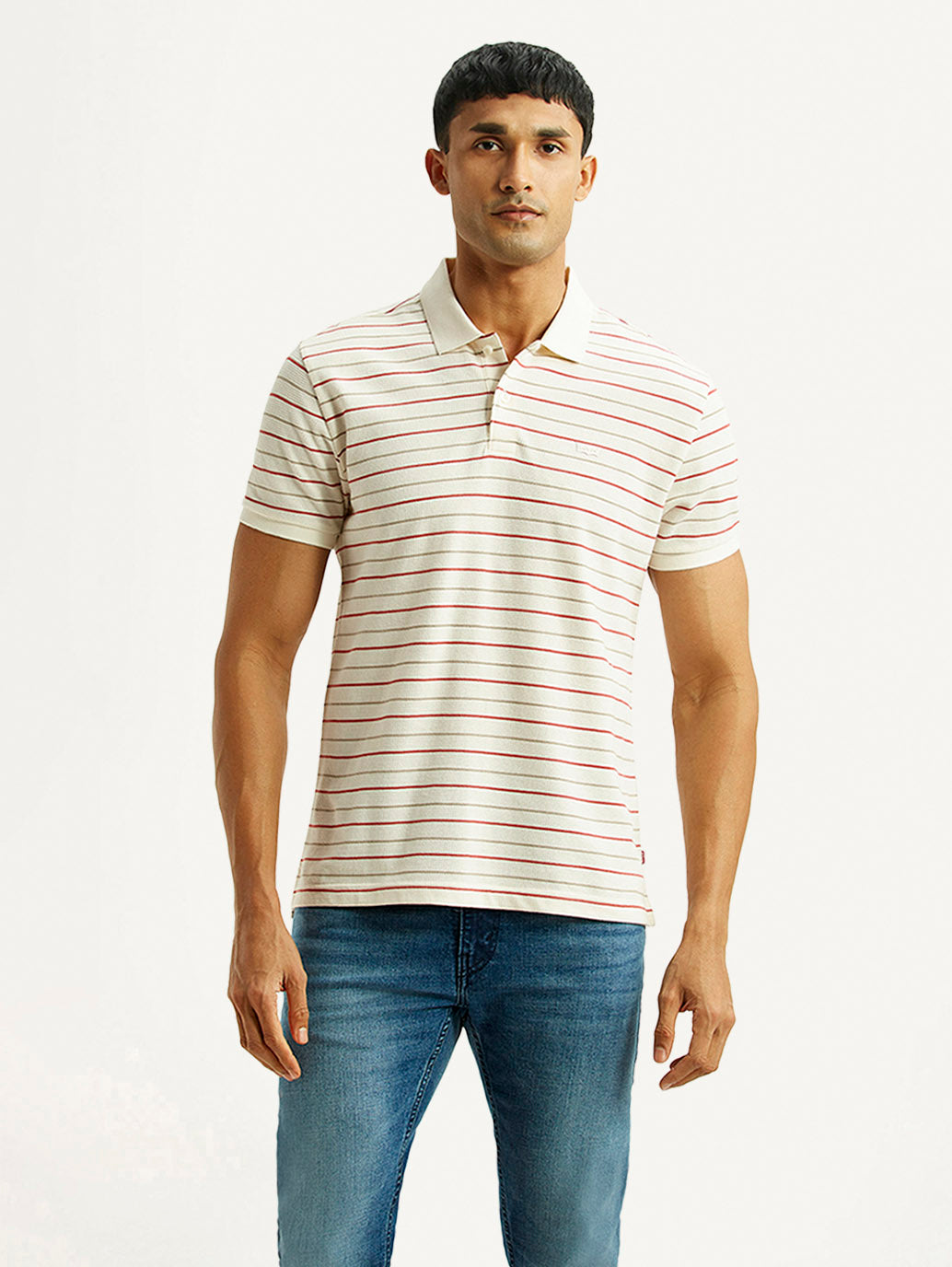 Men's Striped Off White Slim Fit Polo T-shirt - Front View