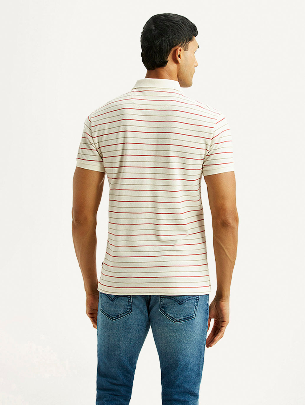 Men's Striped Off White Slim Fit Polo T-shirt - Back View