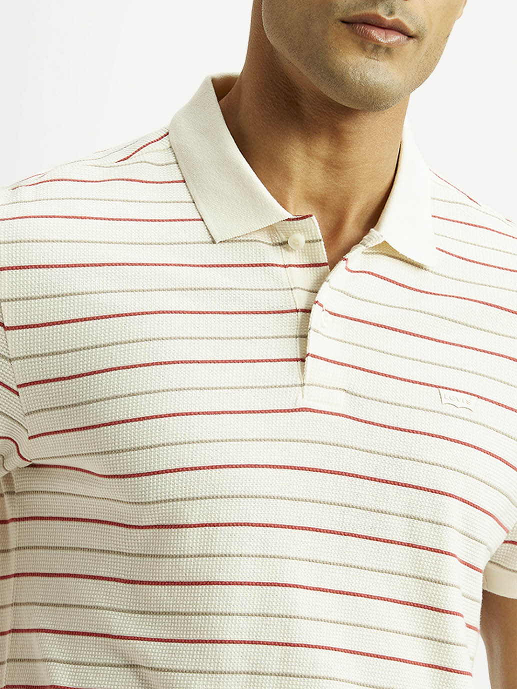 Men's Striped Off White Slim Fit Polo T-shirt - Detail View