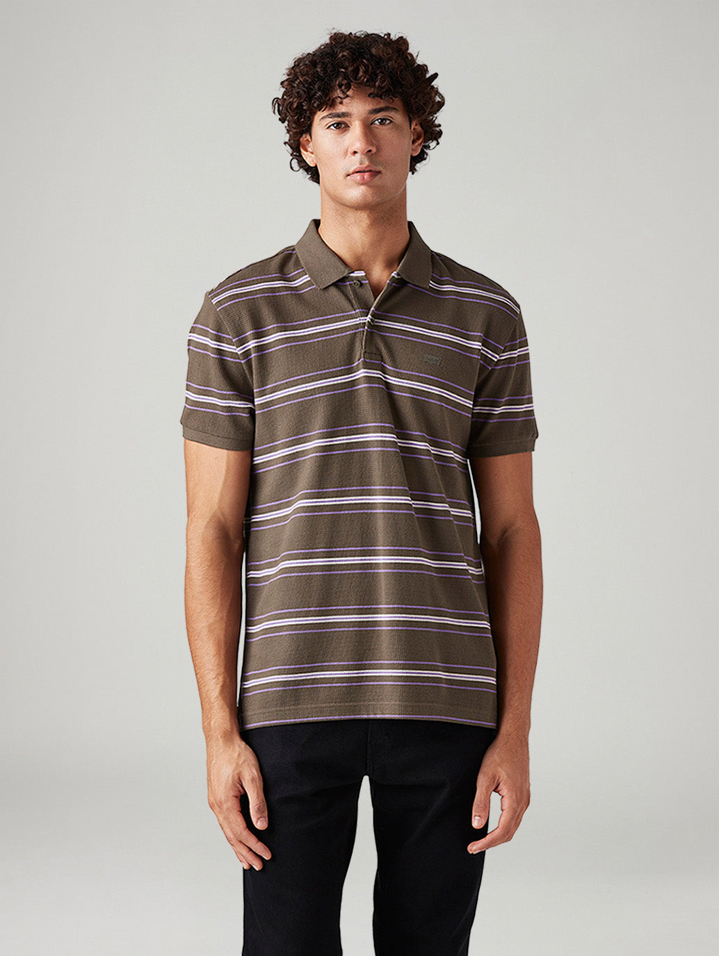 Men's Striped Slim Fit Textured Polo T-shirt - Front View
