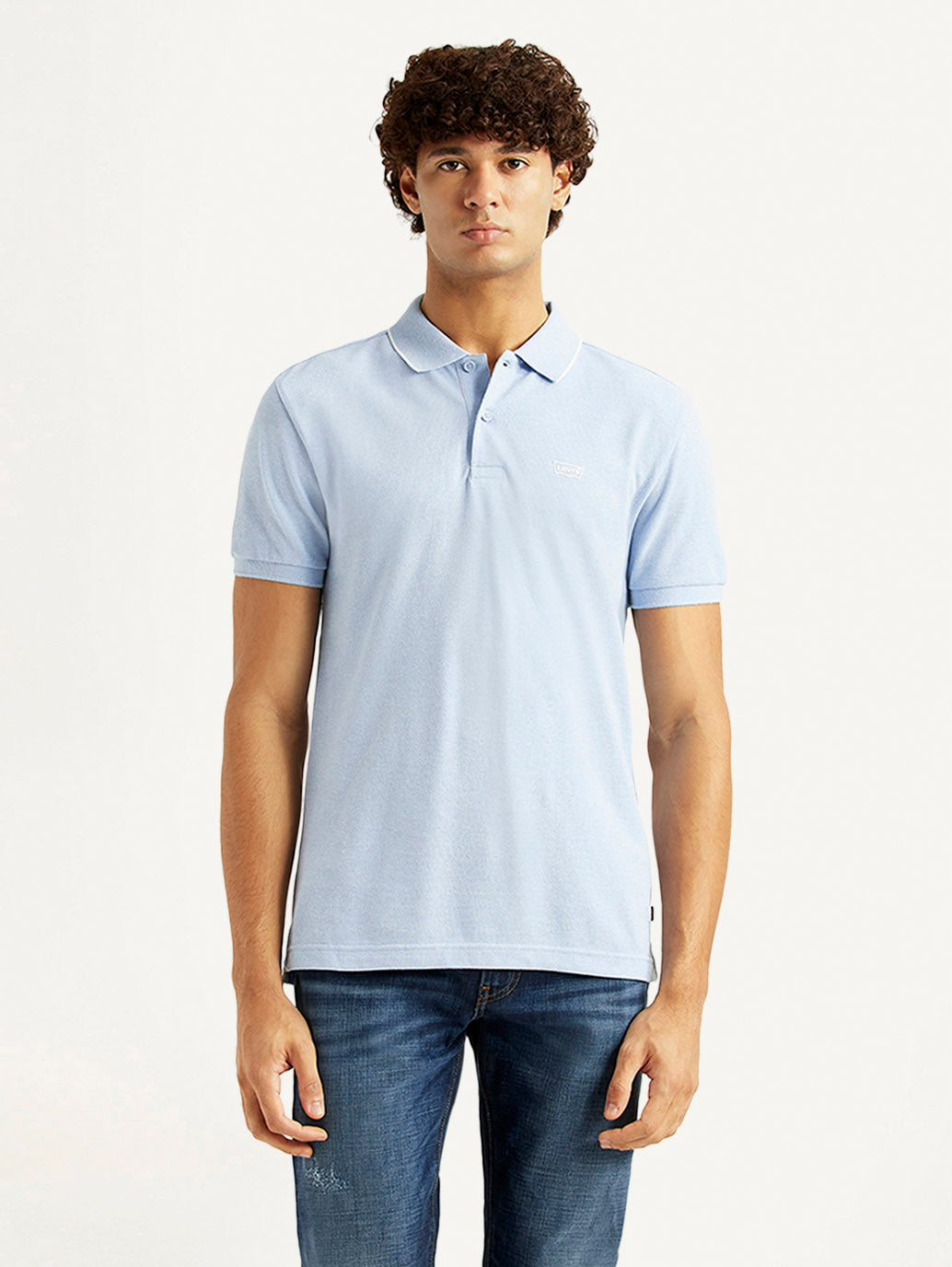 Men's Solid Light Blue Regular Fit Polo T-shirt - Front View