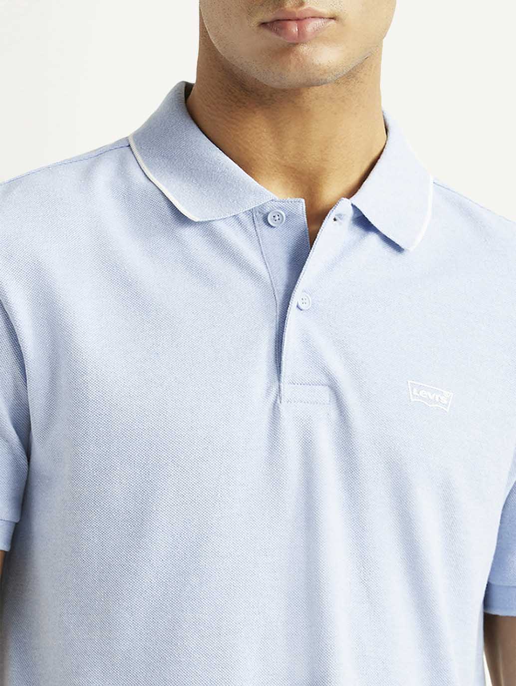 Men's Solid Light Blue Slim Fit Polo T-shirt - Detail View