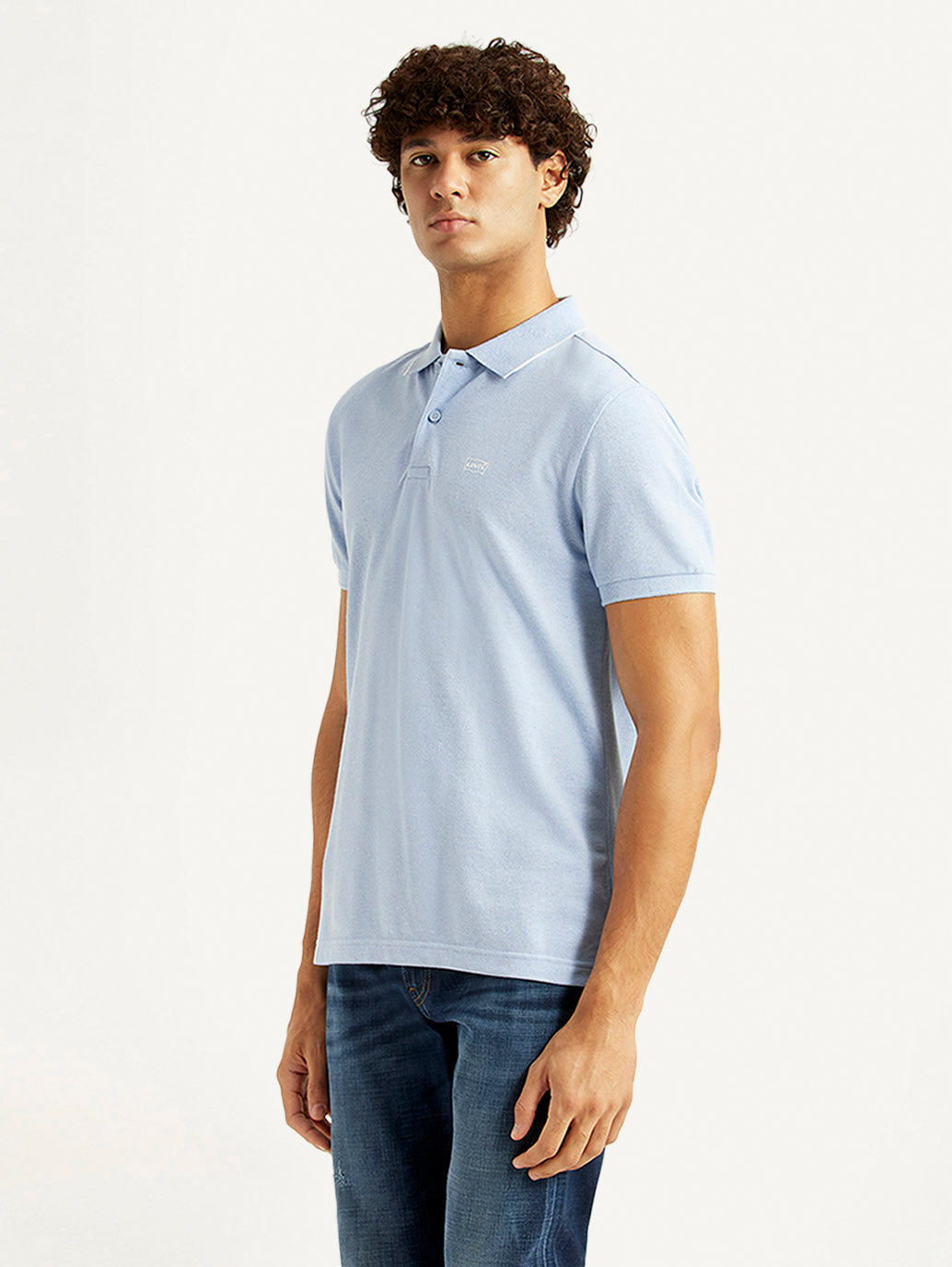 Men's Solid Light Blue Slim Fit Polo T-shirt - Side View