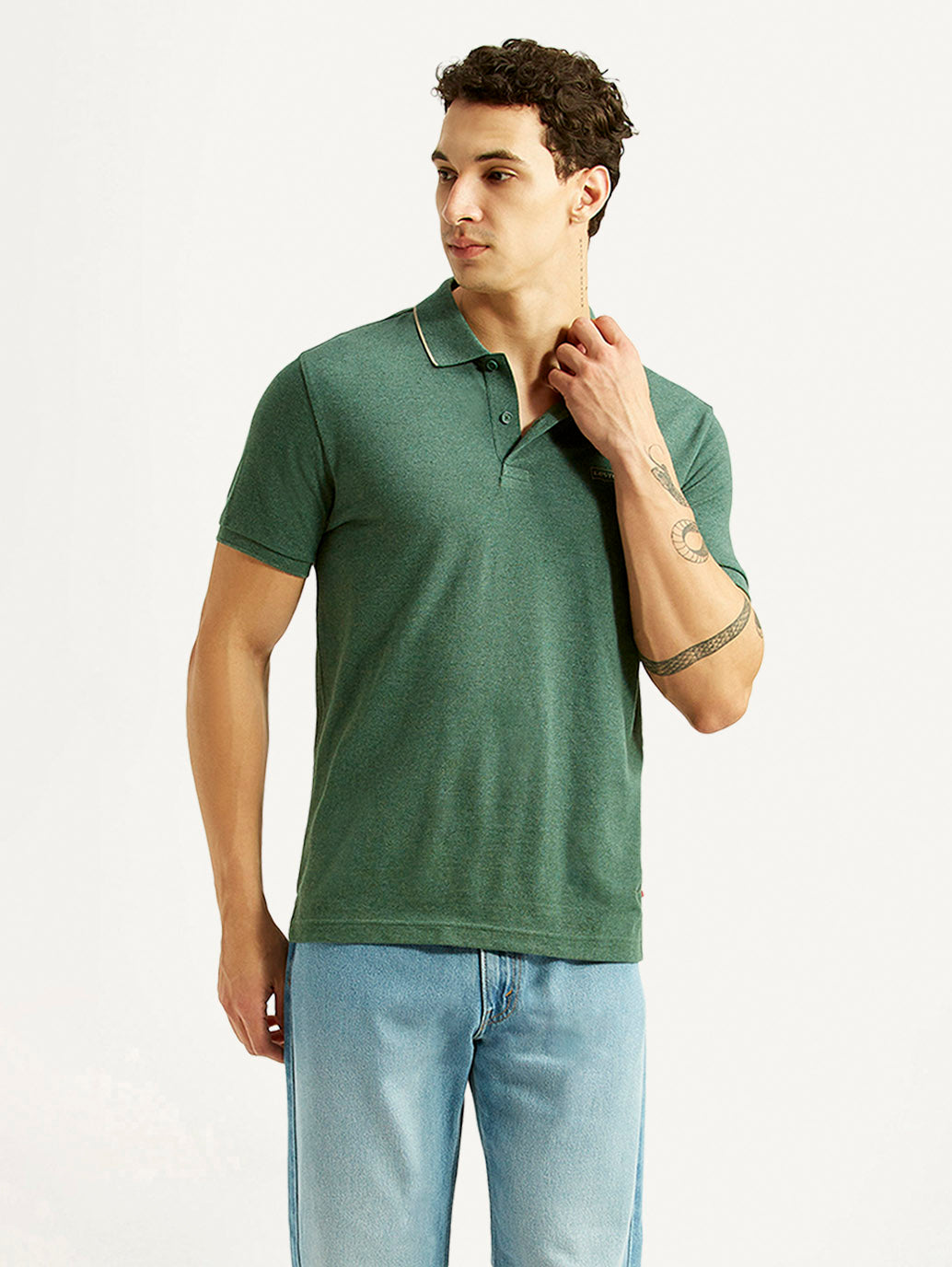 Men's Textured Green Slim Fit Polo T-shirt