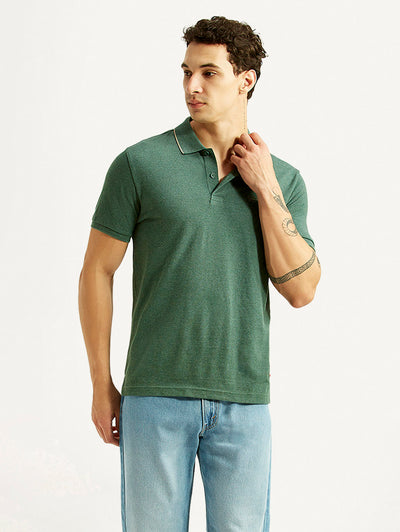 Men's Textured Green Slim Fit Polo T-shirt