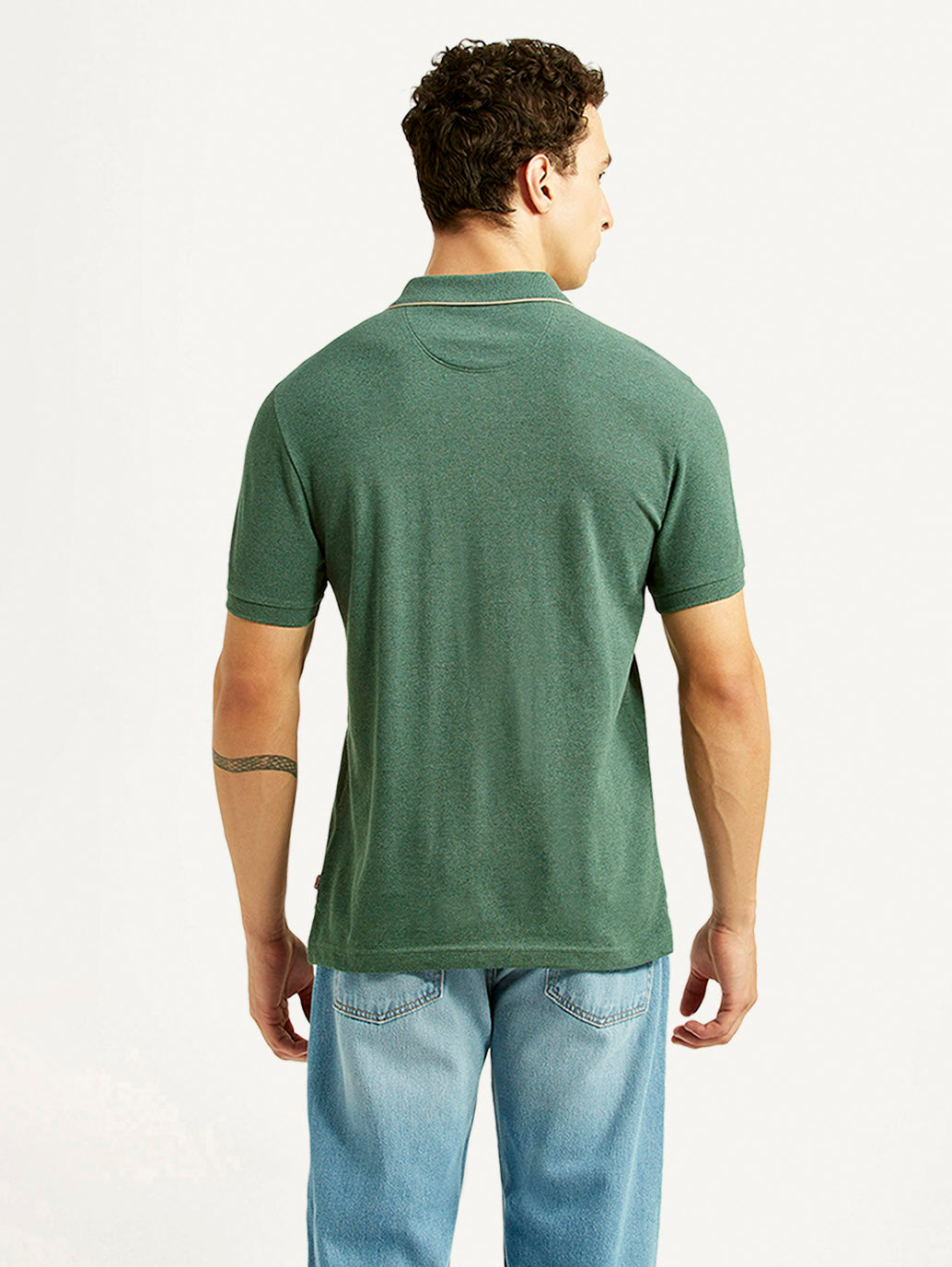 Men's Textured Green Slim Fit Polo T-shirt - Back View
