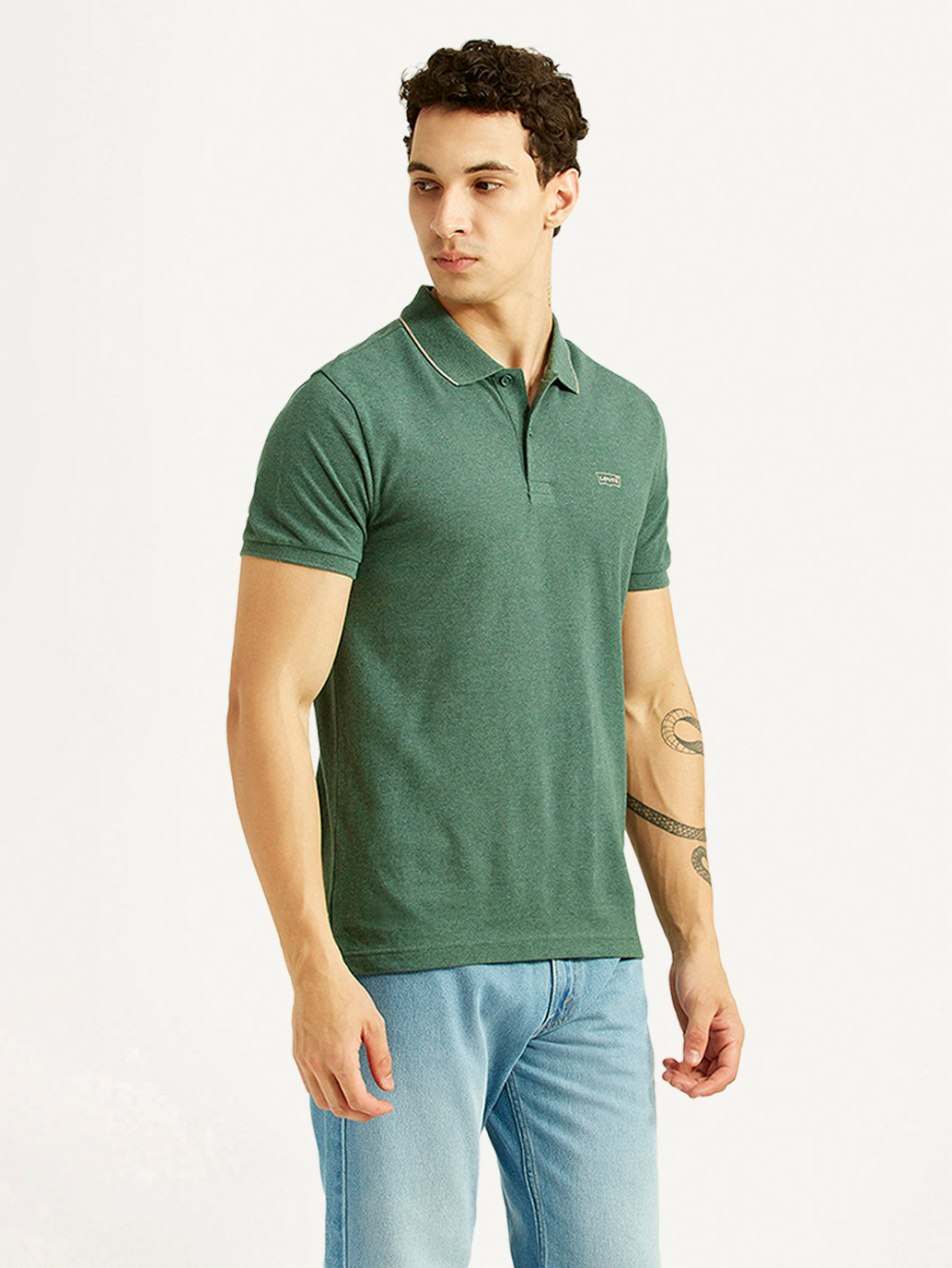 Men's Textured Green Slim Fit Polo T-shirt - Side View