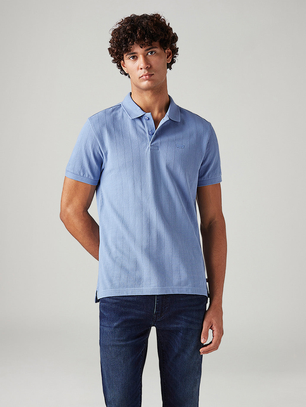 Men's Textured Light-Blue Slim Fit Textured Polo T-shirt - Styleshot View