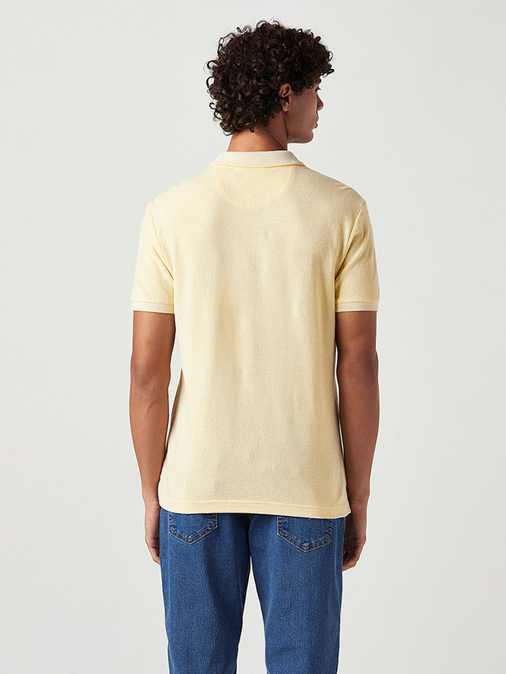 Men's Solid Slim Fit Pique Linen Polo T-Shirt - Back View