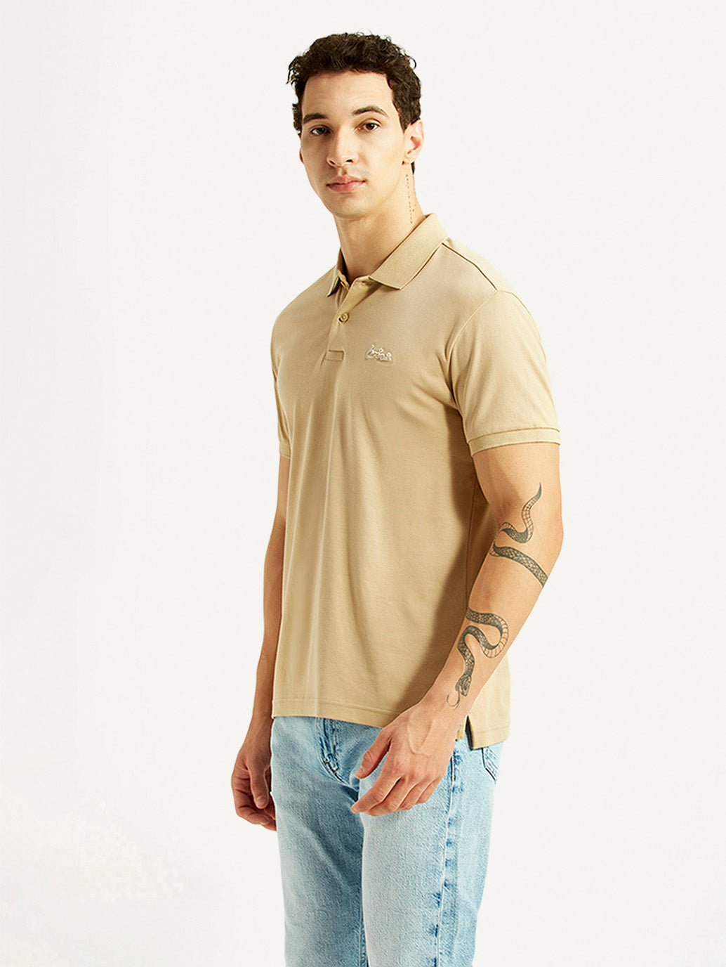 Men's Solid Beige Slim Fit Polo T-shirt - Side View