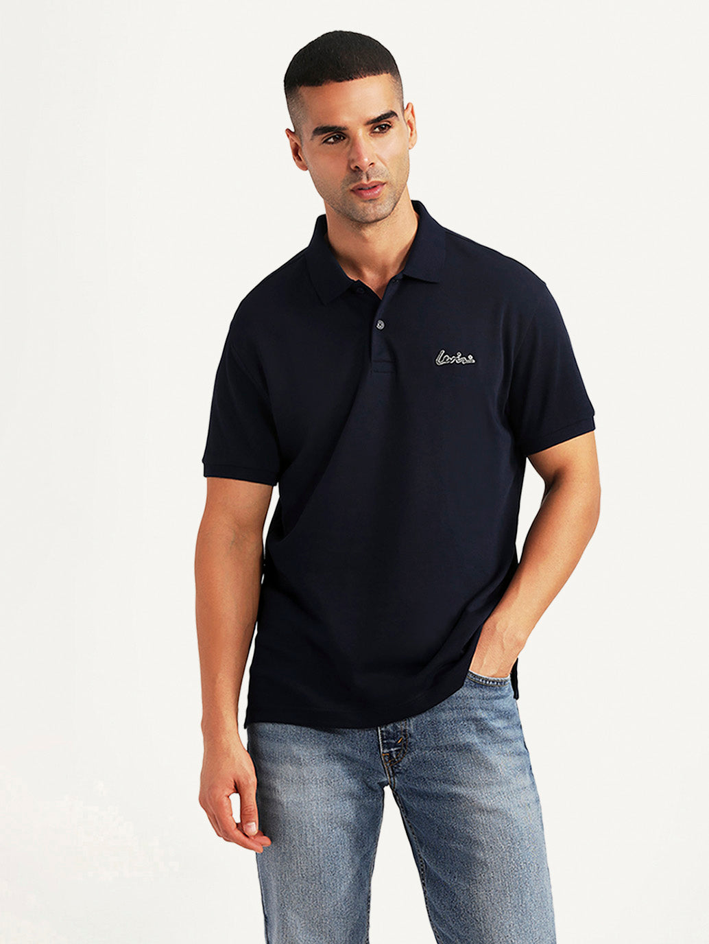 Men's Solid Navy Slim Fit Polo T-shirt - Front View