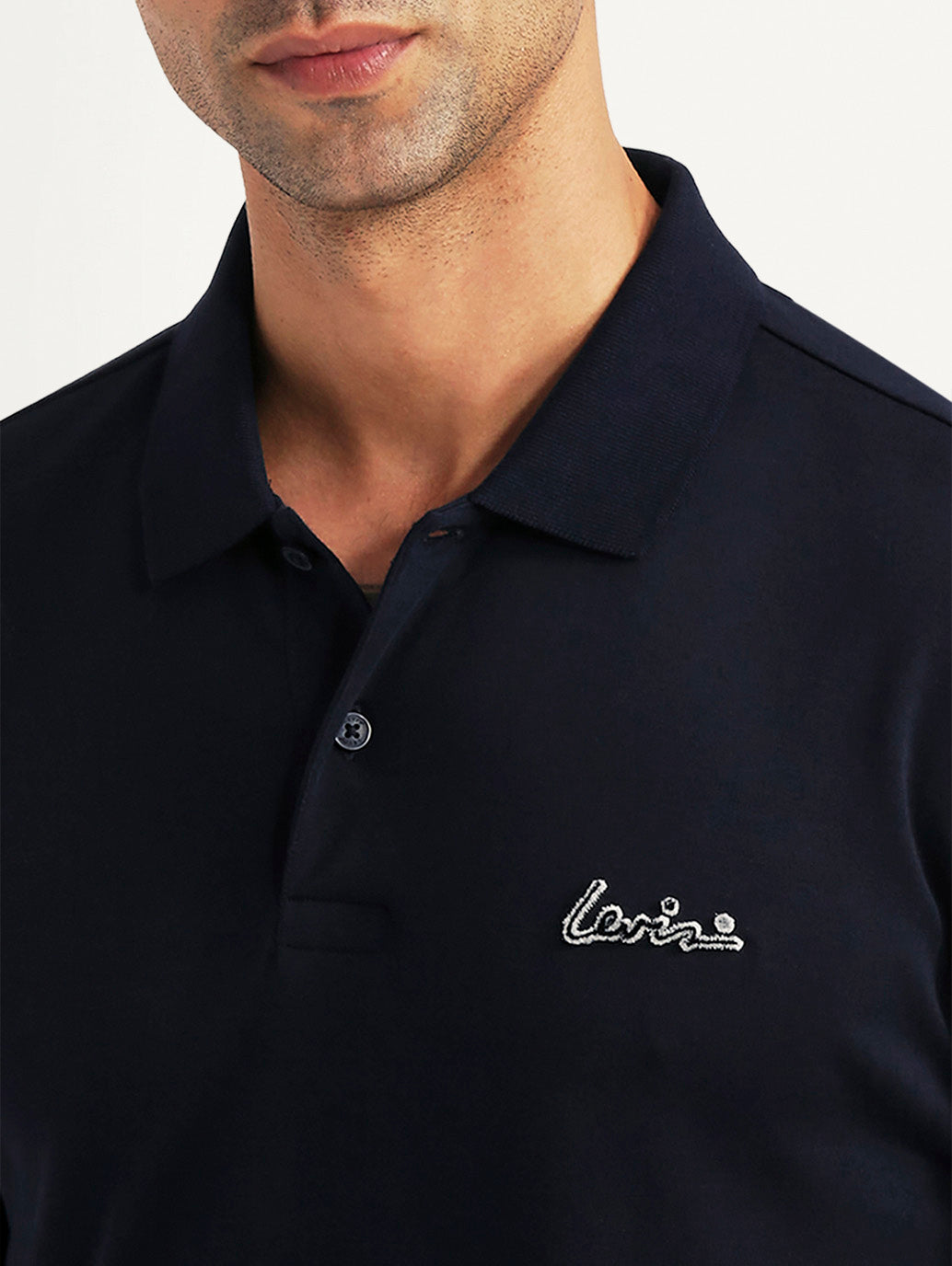 Men's Solid Navy Slim Fit Polo T-shirt - Detail View