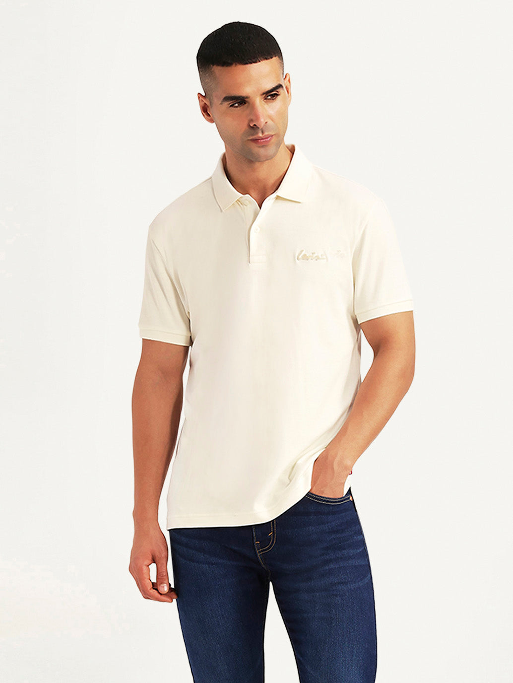 Men's Solid Off-White Slim Fit Polo T-shirt