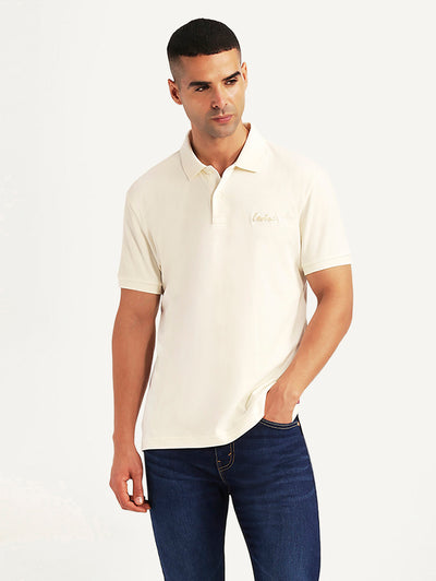 Men's Solid Off-White Slim Fit Polo T-shirt