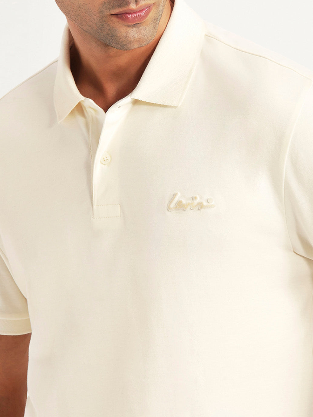 Men's Solid Off-White Slim Fit Polo T-shirt - Detail View