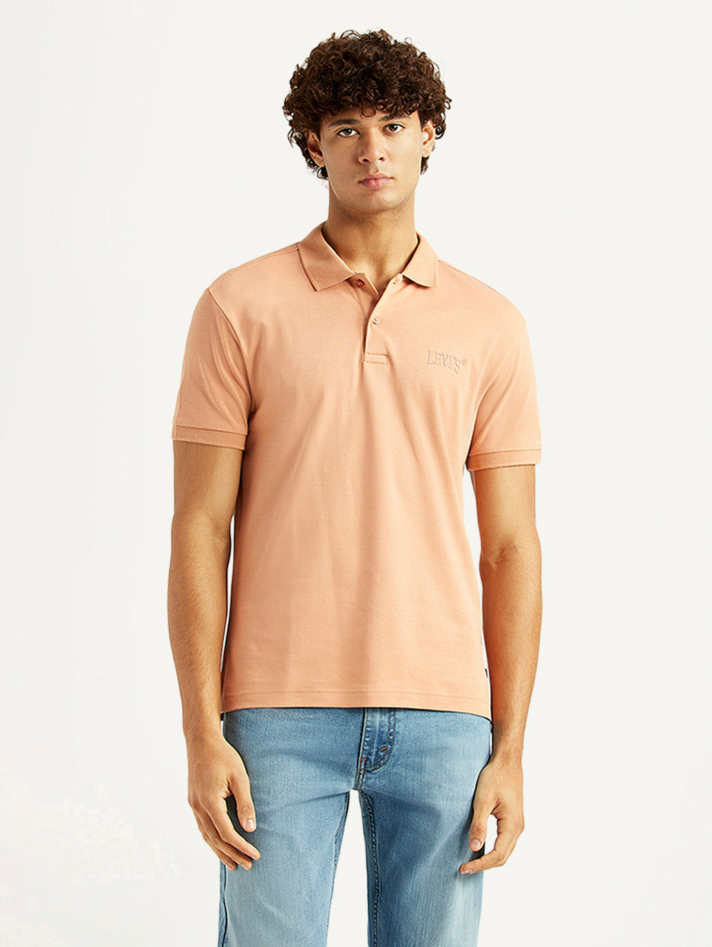 Men's Solid Peach Slim Fit Polo T-shirt - Front View