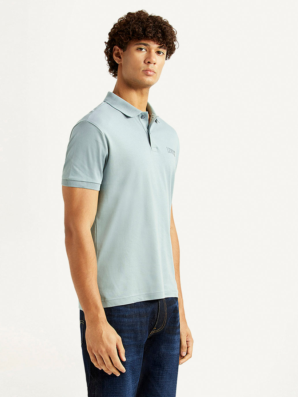 Men's Solid Light Blue Slim Fit Polo T-shirt - Side View