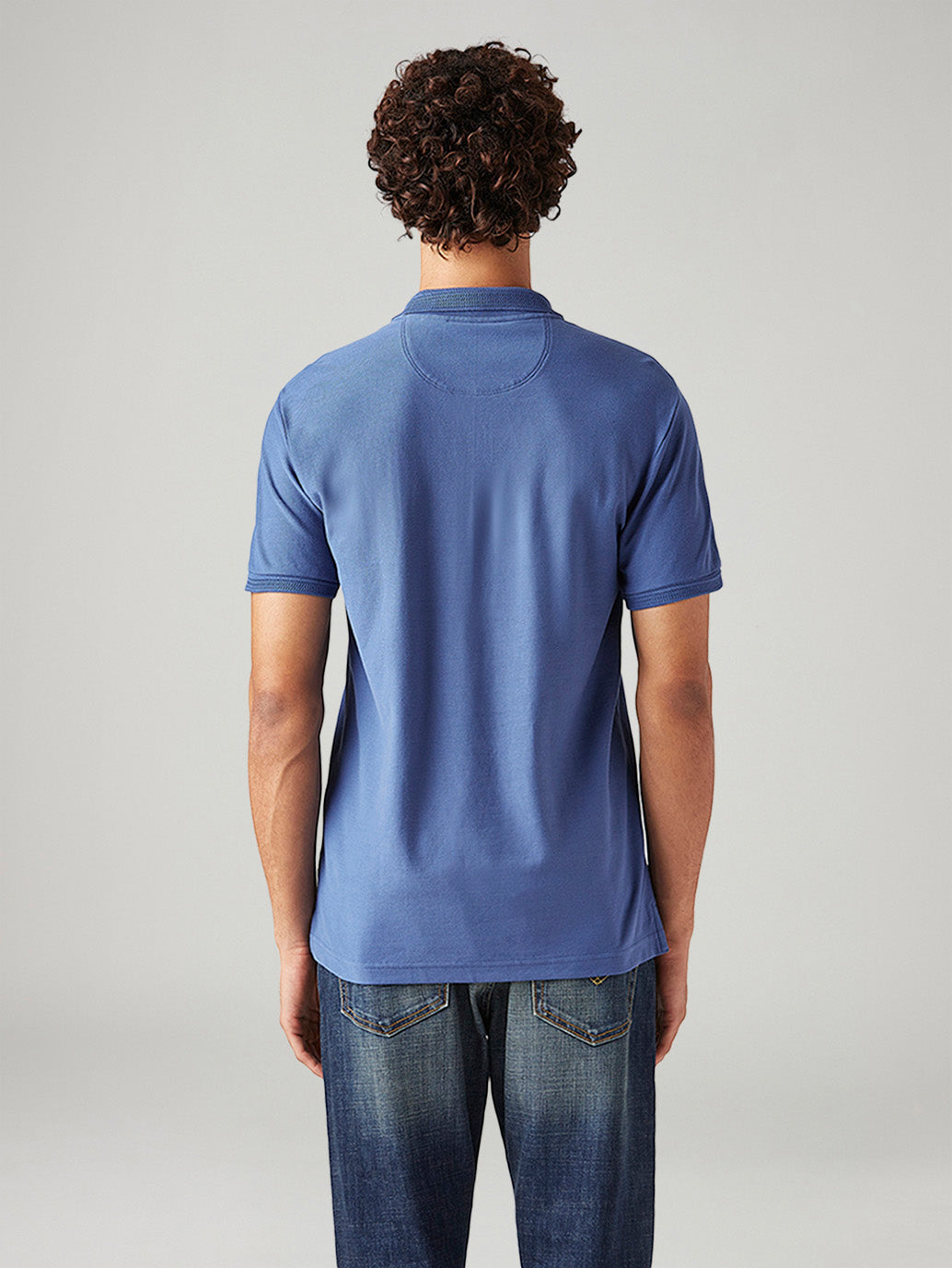Men's Solid Blue Slim Fit Textured Polo T-shirt - Back View