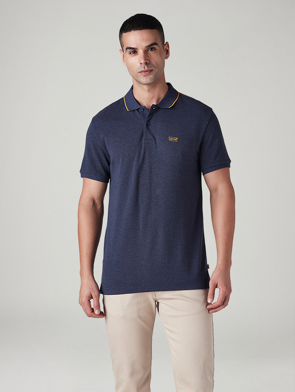 Men's Solid Navy Pique Polo T-shirt - Front View