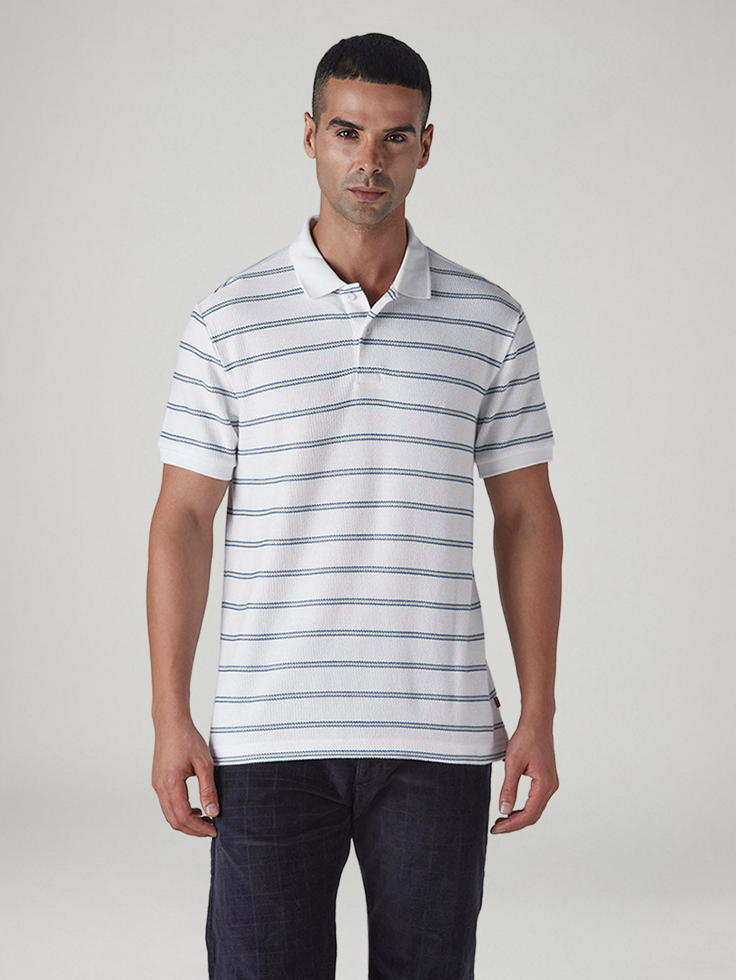 Men's Striped White Polo T-shirt - Front View