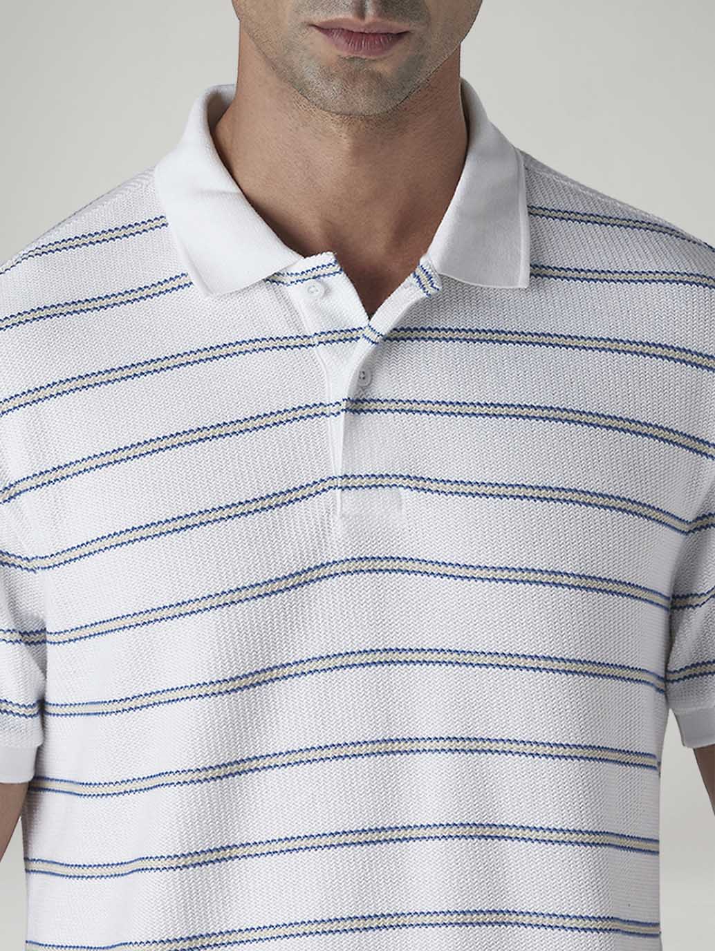 Men's Striped White Polo T-shirt - Detail View
