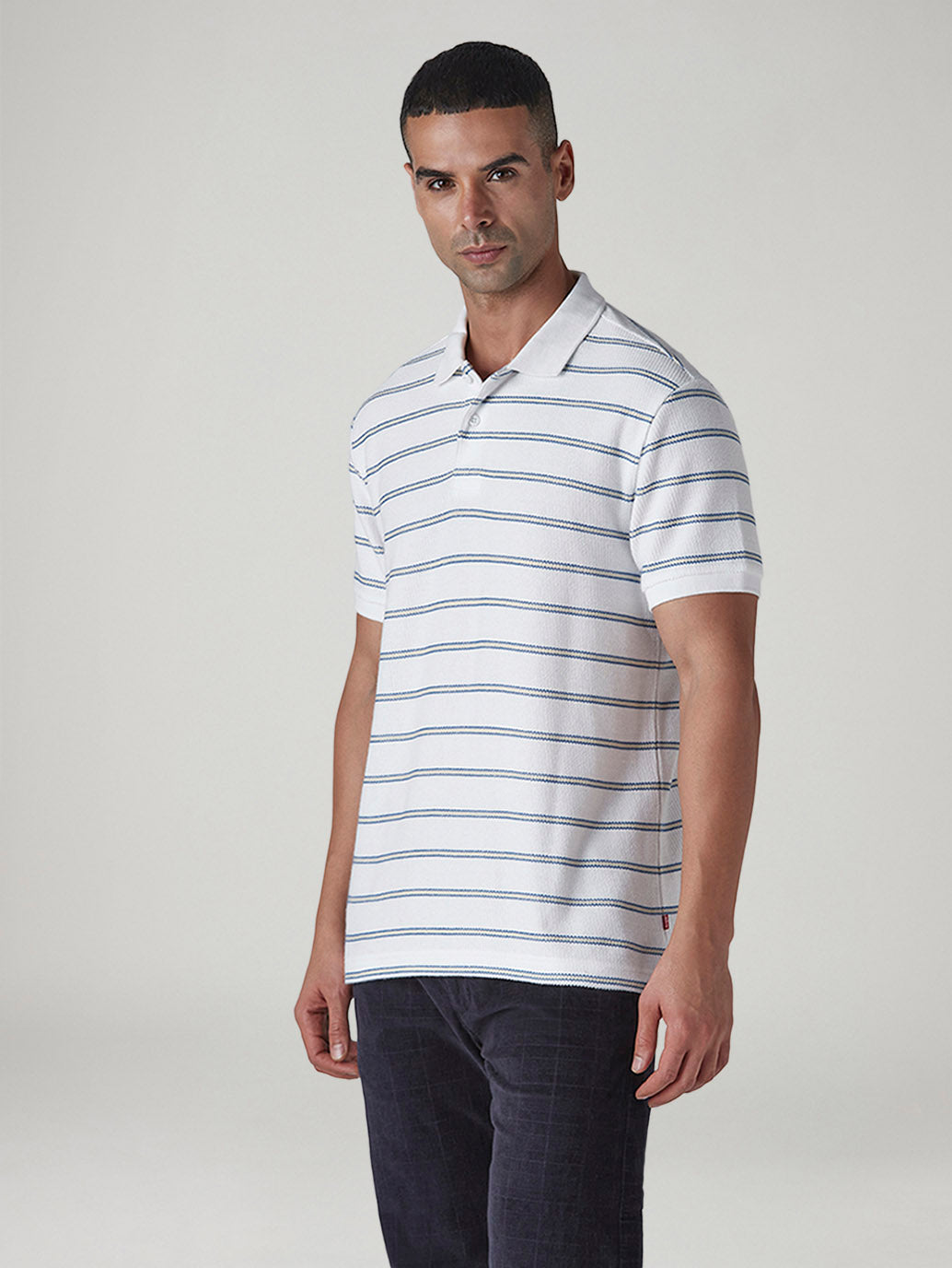Men's Striped White Polo T-shirt - Side View
