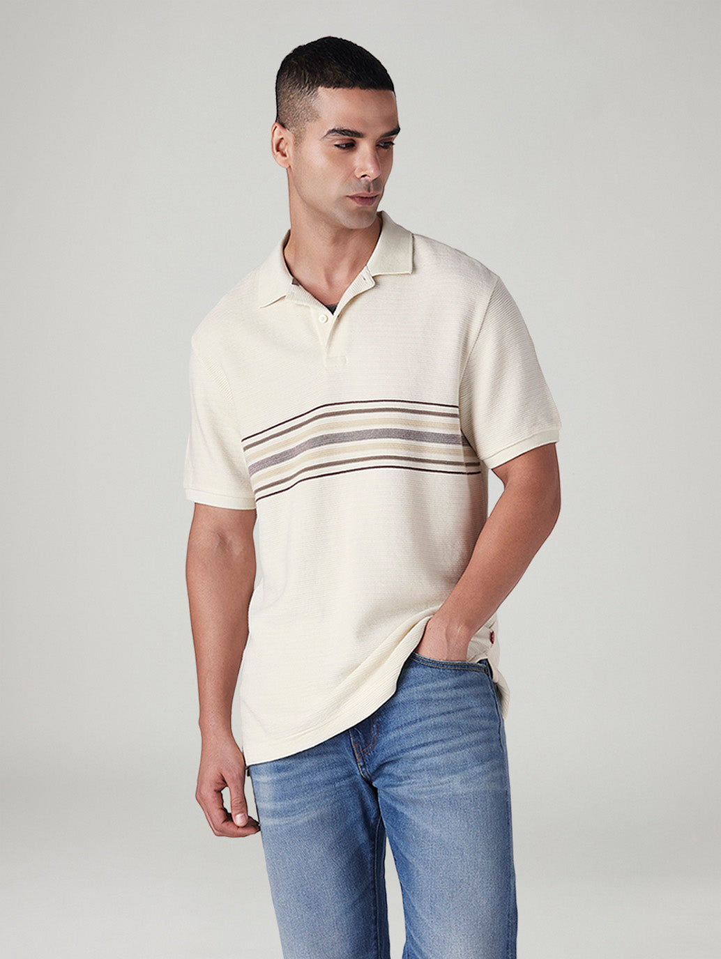 Men's Striped Off White Polo T-shirt